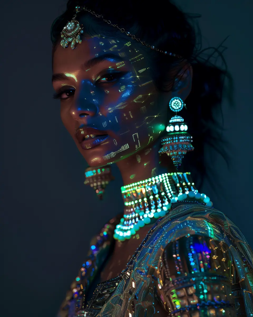 A model wearing sci-fi-inspired futuristic Indian fashion.